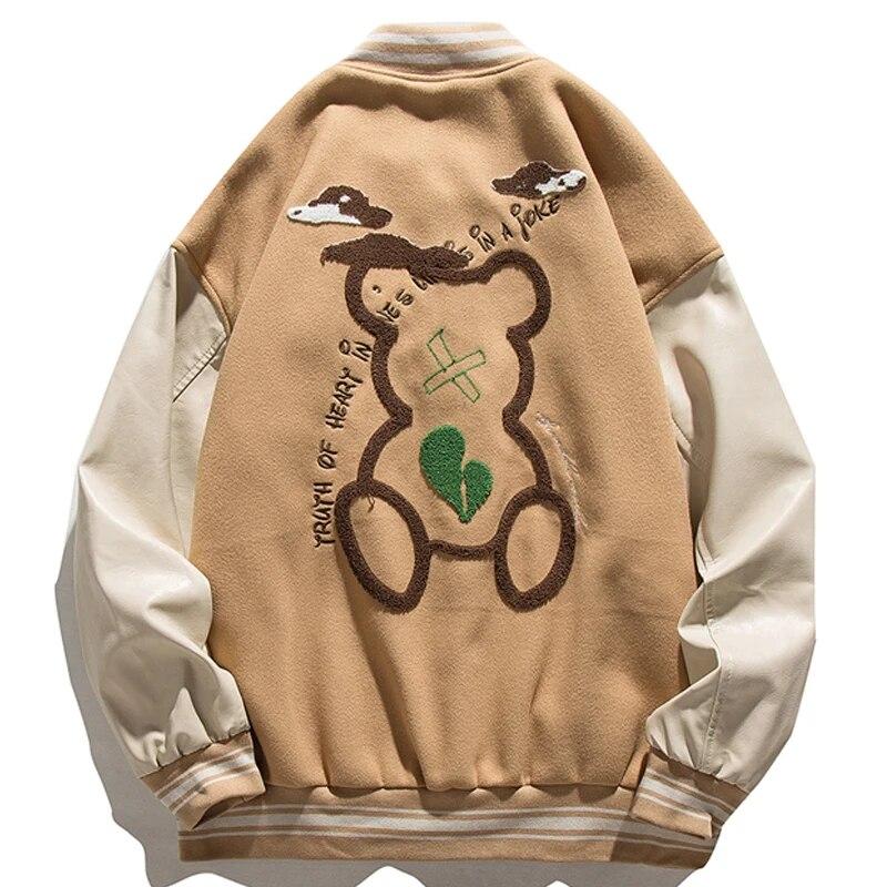 Cartoon Bear Embroidery Varsity Jacket Mens Japan Harajuku Retro Basrball Uniform Leather Stitching Loose Daily Hip Hop Jackets
Cartoon Bear Embroidery Varsity Jacket Mens Japan Harajuku Retro Basrball Uniform Leather Stitching Loose Daily Hip Hop Jackets