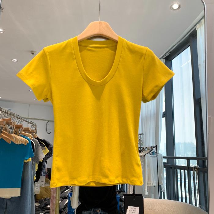 Refined cotton back collar, American front shoulder u-neck short-sleeved t-shirt women s summer solid color S
Refined cotton back collar, American front shoulder u-neck short-sleeved t-shirt women s summer solid color S