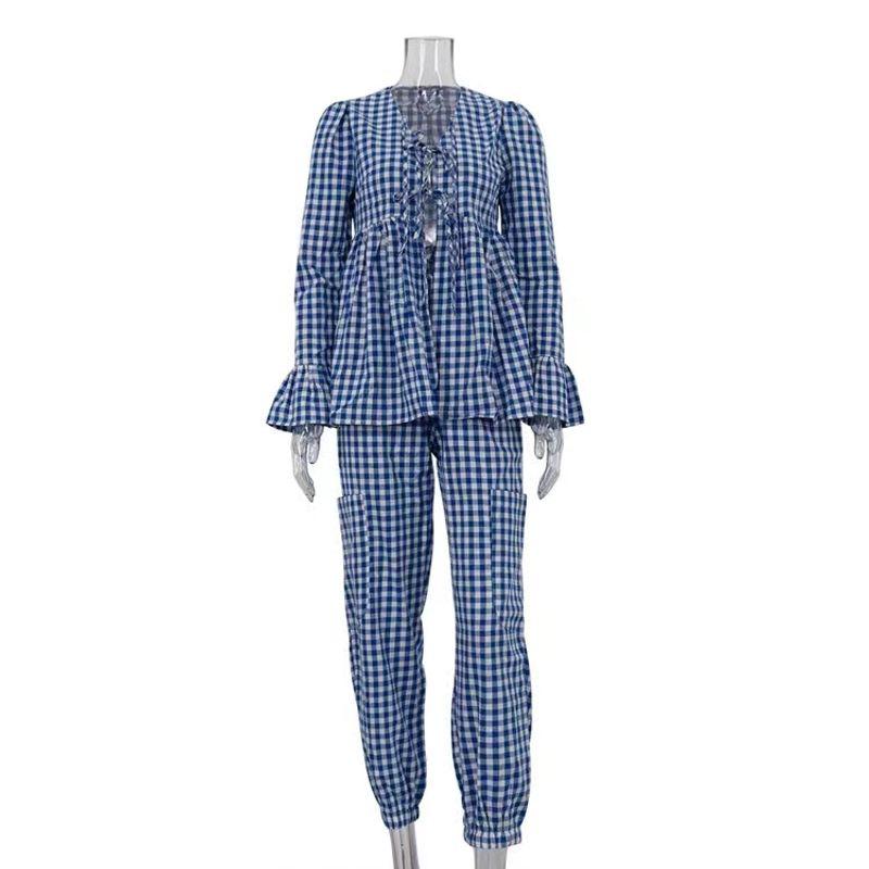 Fashion Gingham Sexy Lacing Tops Upper Blouse and Pants Lace up Plaid Top and Pants Set Blue L
Fashion Gingham Sexy Lacing Tops Upper Blouse and Pants Lace up Plaid Top and Pants Set Blue L