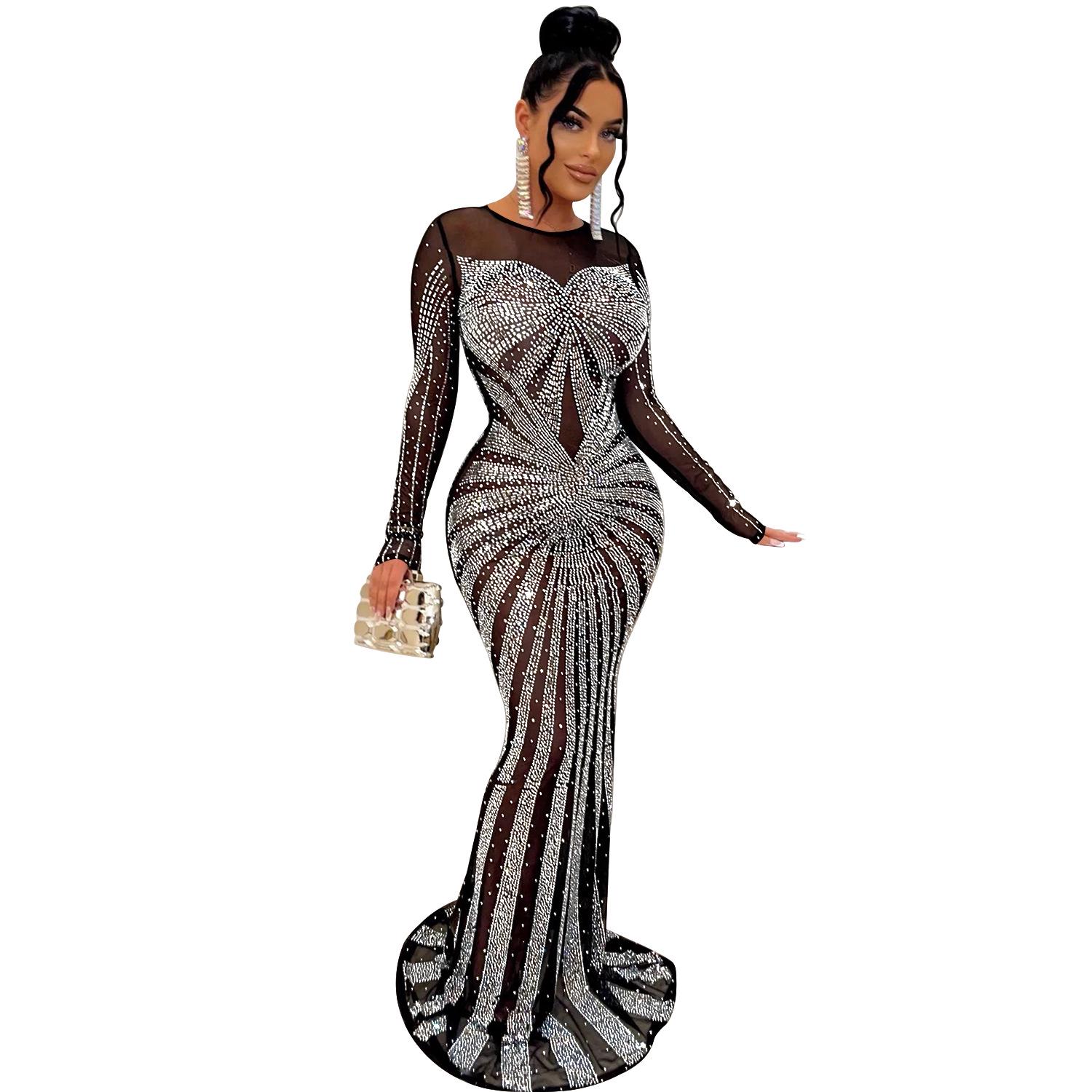 European & American Fashion Women s Solid Color Mesh See-Through Hot Drilling Long Sleeve Dress X-Large чёрный
European & American Fashion Women s Solid Color Mesh See-Through Hot Drilling Long Sleeve Dress X-Large чёрный