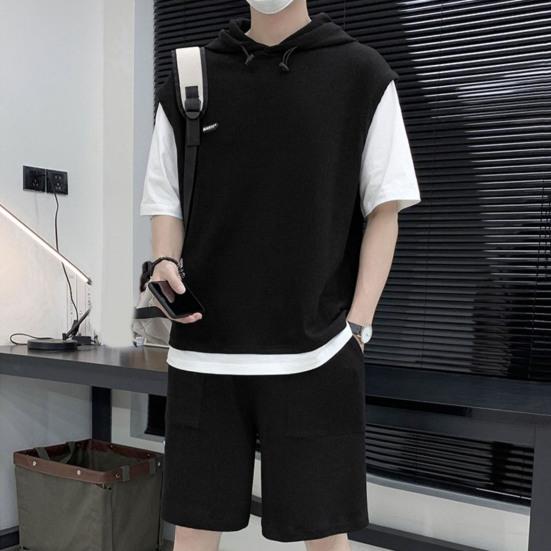 2Pcs/Set Men Casual Outfit Hooded Drawstring Short Sleeve Tops Elastic Drawstring Waist Wide Leg Shorts Set Fake Two Pieces Patchwork Color Outfit
2Pcs/Set Men Casual Outfit Hooded Drawstring Short Sleeve Tops Elastic Drawstring Waist Wide Leg Shorts Set Fake Two Pieces Patchwork Color Outfit