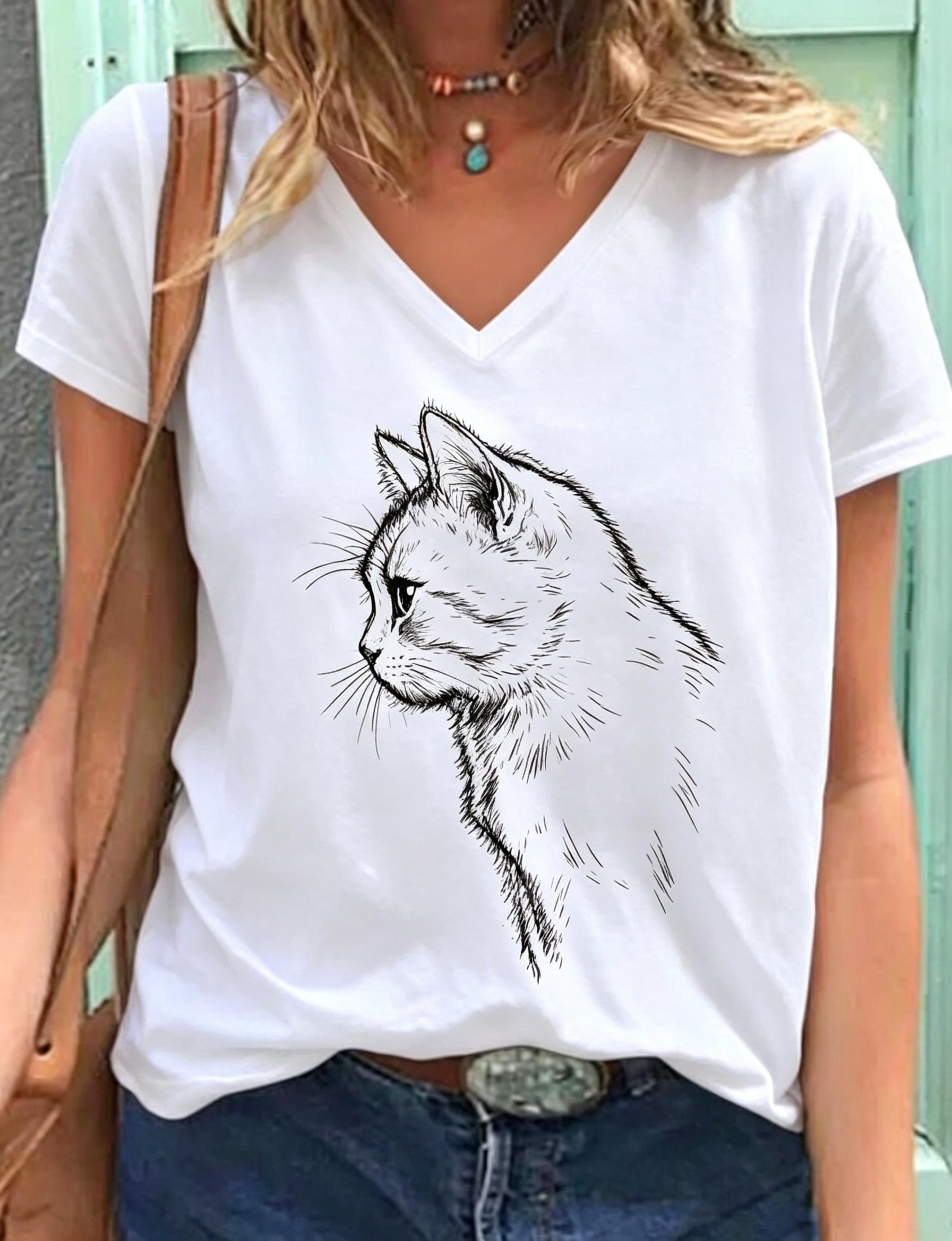 Women s Minimalist Cat Silhouette Print V-Neck T-Shirt, Casual Short Sleeve Tops, Cute Animal Daily Wear for Spring & Summer XL
Women s Minimalist Cat Silhouette Print V-Neck T-Shirt, Casual Short Sleeve Tops, Cute Animal Daily Wear for Spring & Summer XL