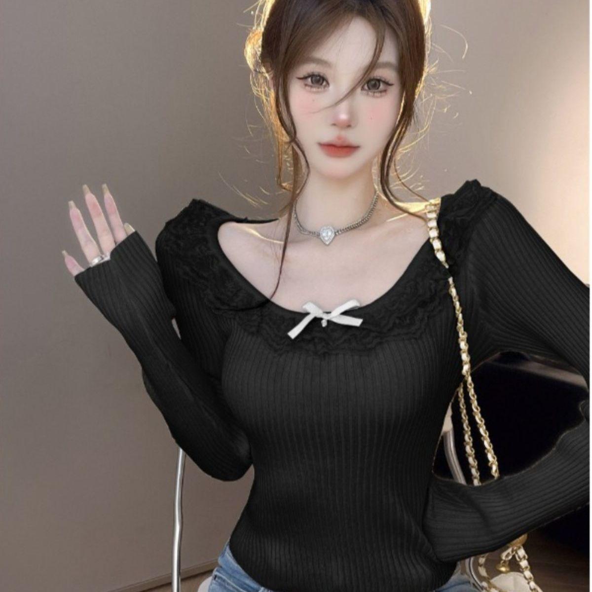 Женский трикотажный топ с кружевом и бантом, облегающего кроя, в французском стиле, для осени и зимы One Size чёрный
Женский трикотажный топ с кружевом и бантом, облегающего кроя, в французском стиле, для осени и зимы One Size чёрный