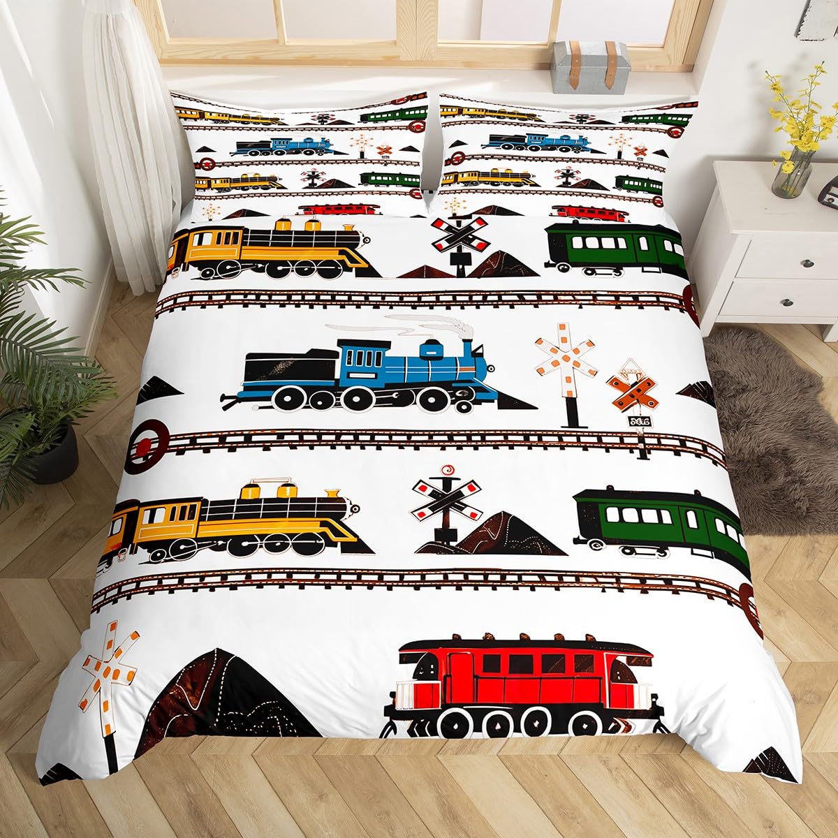 Cartoon Train Bedding Set Full Queen King Vintage Steam Engine Comforter Cover, Travel Railway Track Transportation Duvet Cover 140x200cm 3pcs
Cartoon Train Bedding Set Full Queen King Vintage Steam Engine Comforter Cover, Travel Railway Track Transportation Duvet Cover 140x200cm 3pcs