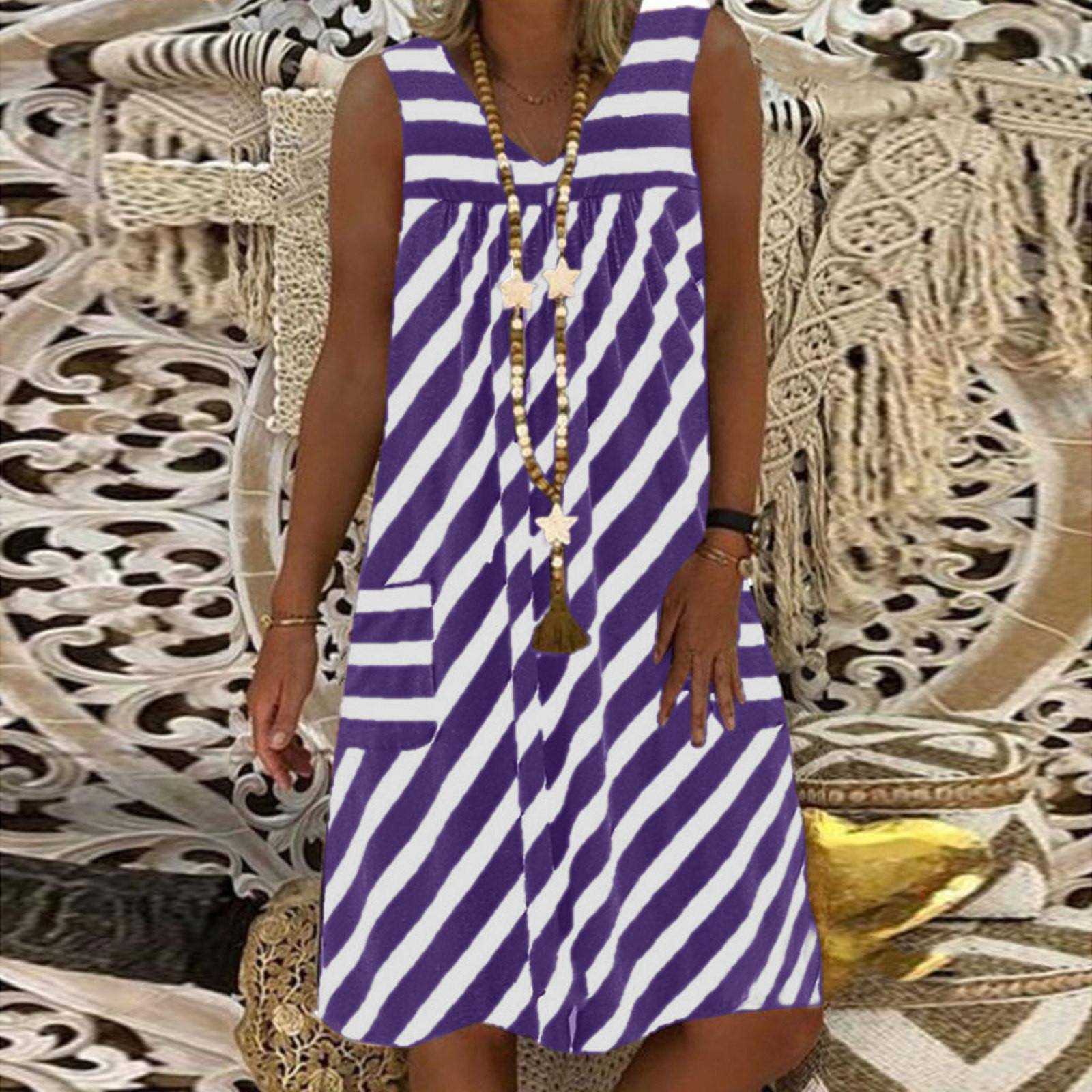 Women Pocket V-neck Sleeveless Striped Dress Casual Loose Pullover Dress M фіолетовий
Women Pocket V-neck Sleeveless Striped Dress Casual Loose Pullover Dress M фіолетовий