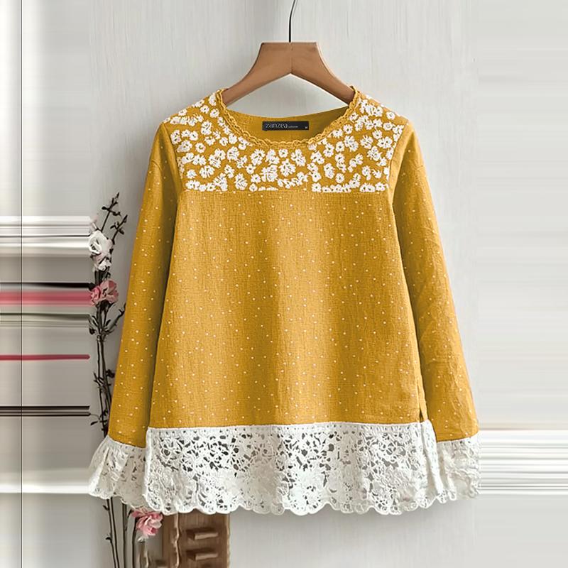 ZANZEA Женские повседневные блузки с круглым вырезом и длинным рукавом с принтом в горошек и кружевом 5XL жёлтый