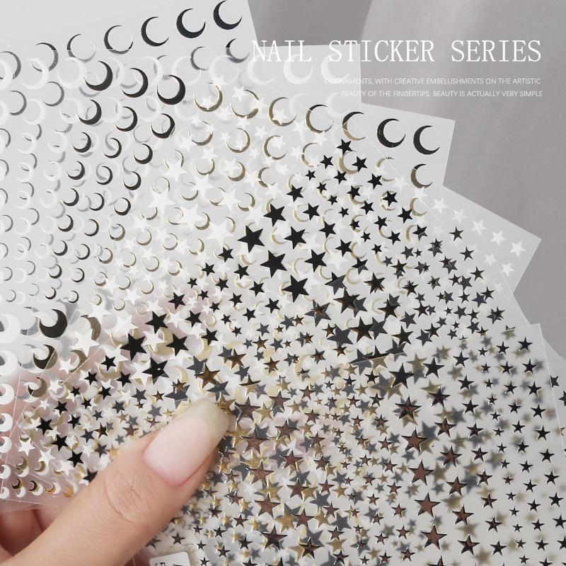 Aha Dreamy Little Stars: Cute Crescent Starburst Nail Stickers in Gold, Silver, Black, and White.
Aha Dreamy Little Stars: Cute Crescent Starburst Nail Stickers in Gold, Silver, Black, and White.