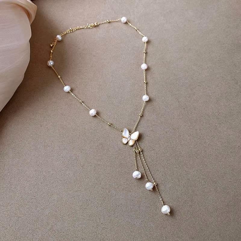 Titanium Steel Butterfly Tassel Necklace with Freshwater Pearls and Mother-of-Pearl 
Titanium Steel Butterfly Tassel Necklace with Freshwater Pearls and Mother-of-Pearl