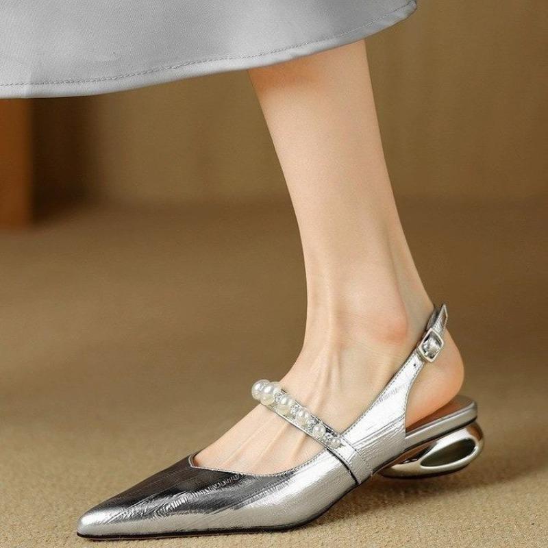Мода Новый иностранный стиль сандалии с прорезной пряжкой ремешок носок женские с острым носком плетеный вырез низкий каблук полые сзади одинарные туфли 35 серебряный