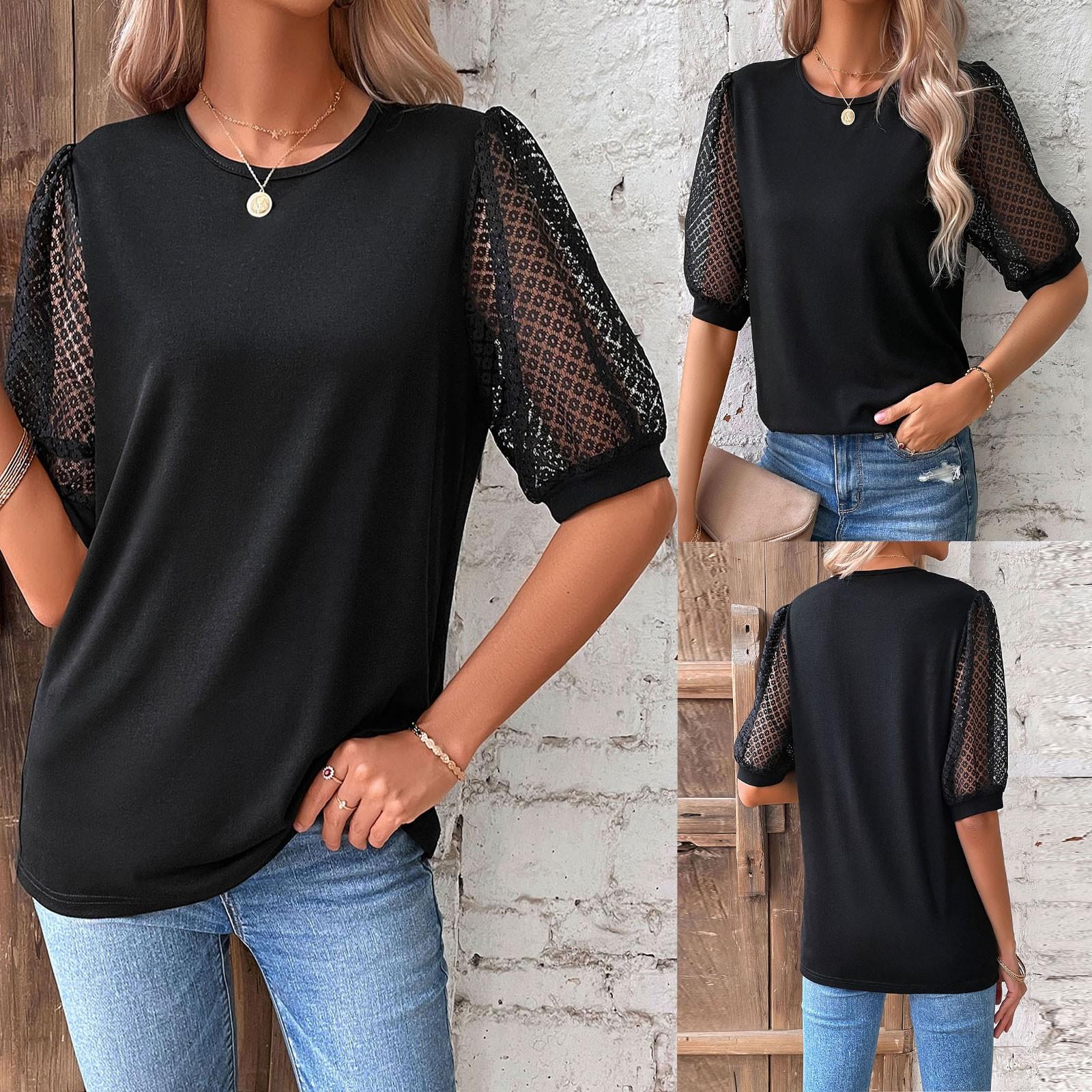 Женская однотонная кружевная футболка с пузырчатым рукавом 
Женская однотонная кружевная футболка с пузырчатым рукавом