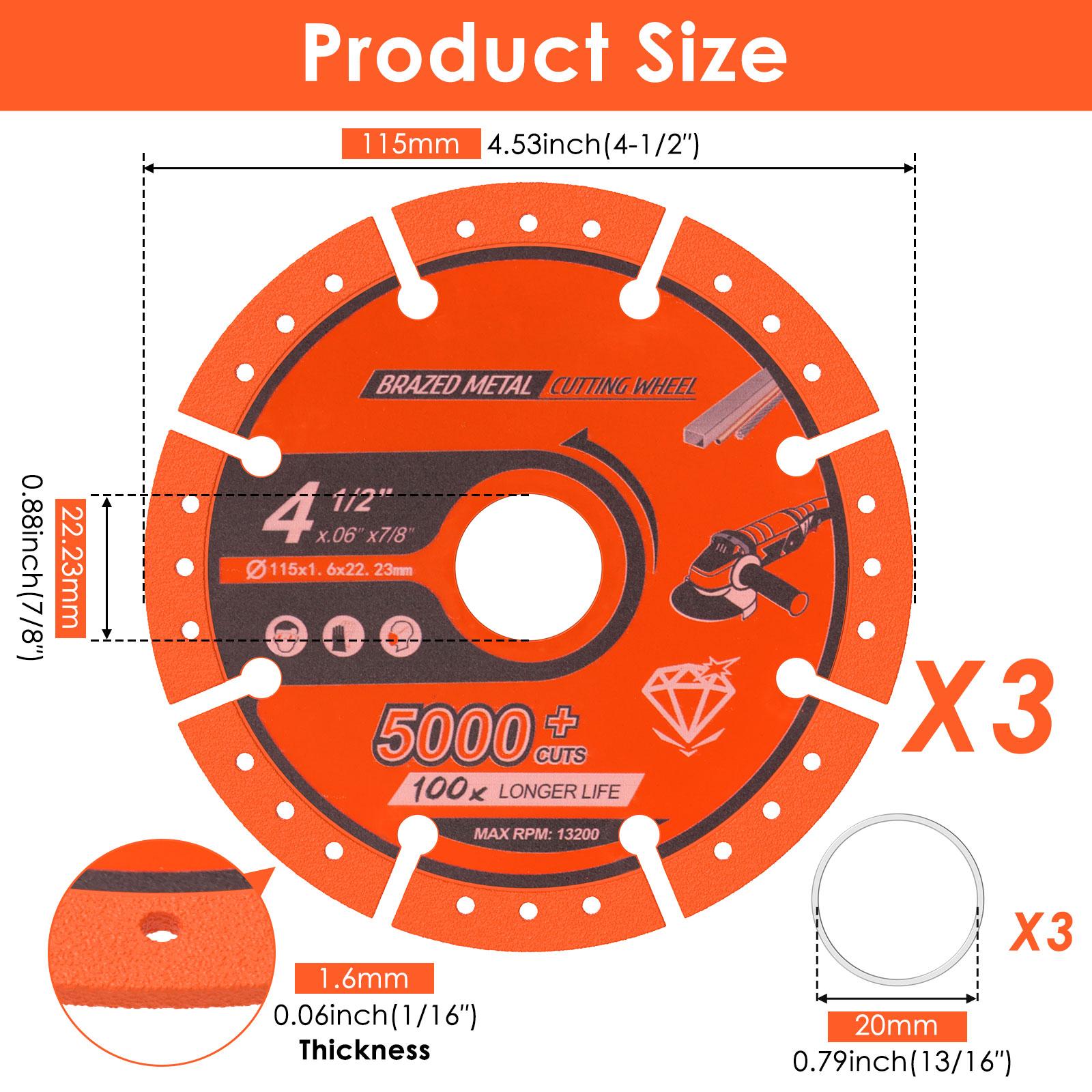 Diamond Cutting Wheel 4 1/2 x 7/8 Inch Metal Cut Off Wheel with 5000+ Cuts on Rebar for Metal Iron and Stainless Steel Cutting 115mm&Multipurpose Cutting
Diamond Cutting Wheel 4 1/2 x 7/8 Inch Metal Cut Off Wheel with 5000+ Cuts on Rebar for Metal Iron and Stainless Steel Cutting 115mm&Multipurpose Cutting