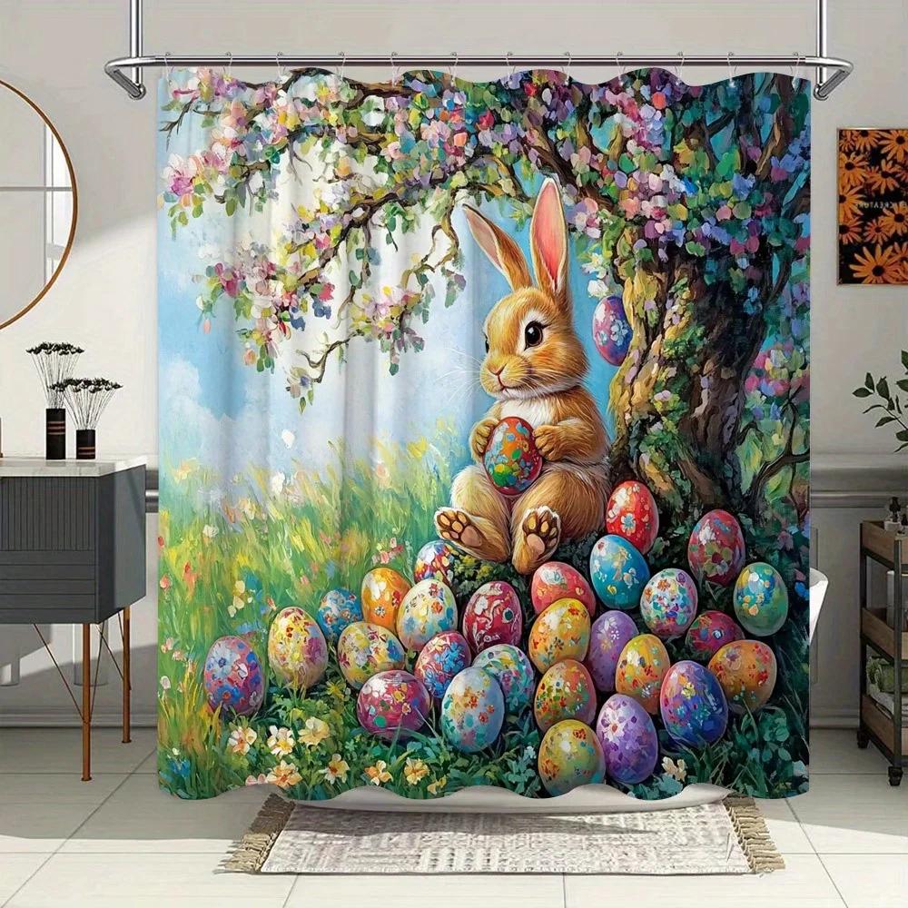Whimsical Easter Garden Shower Curtain - Fluffy Bunny, Colorful Eggs, Blooming Flowers, Lush Greenery, Soft Pastel Sky W90xH180cm
Whimsical Easter Garden Shower Curtain - Fluffy Bunny, Colorful Eggs, Blooming Flowers, Lush Greenery, Soft Pastel Sky W90xH180cm