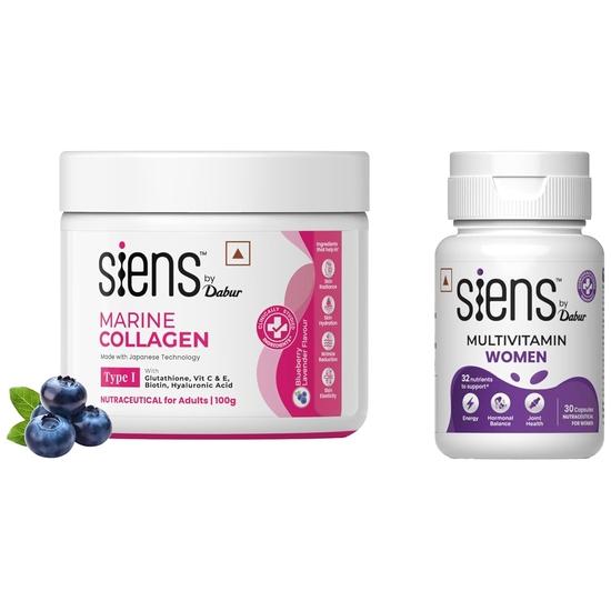 Siens By Dabur Hydrolyzed Marine Collagen-100g | Made with Japanese technology | Supplement for Wom,Siens By Dabur Multivitamin for Women-30 capsules
Siens By Dabur Hydrolyzed Marine Collagen-100g | Made with Japanese technology | Supplement for Wom,Siens By Dabur Multivitamin for Women-30 capsules