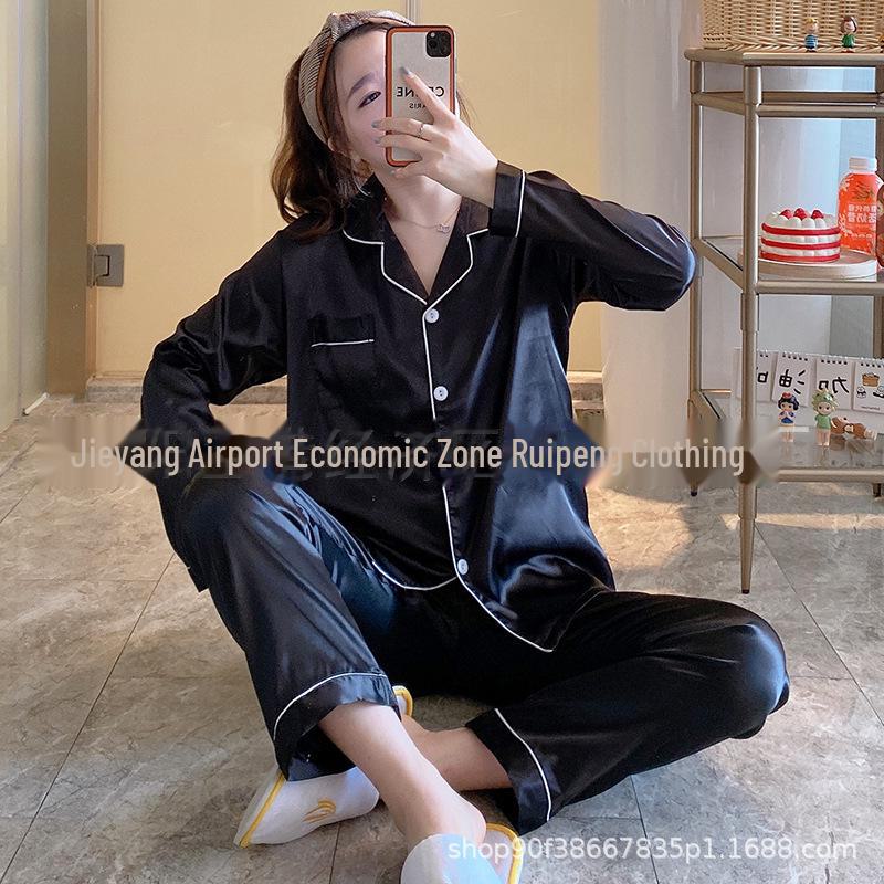 Женский пижамный комплект из искусственного шелка с длинными рукавами и отворотом, размер плюс M чёрный
Женский пижамный комплект из искусственного шелка с длинными рукавами и отворотом, размер плюс M чёрный