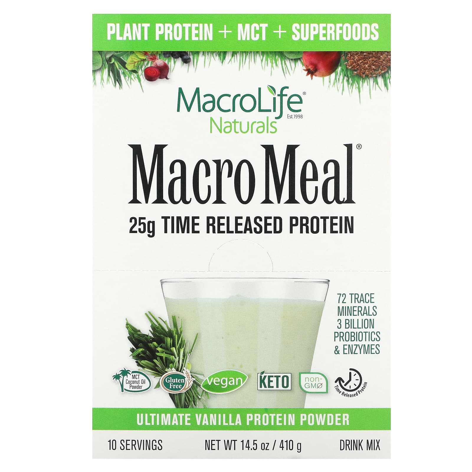 Macrolife Naturals, MacroMeal, Найкращий протеїновий порошок, Ваніль, 10 пакетиків, 1,4 унції (41 г) кожен
Macrolife Naturals, MacroMeal, Найкращий протеїновий порошок, Ваніль, 10 пакетиків, 1,4 унції (41 г) кожен