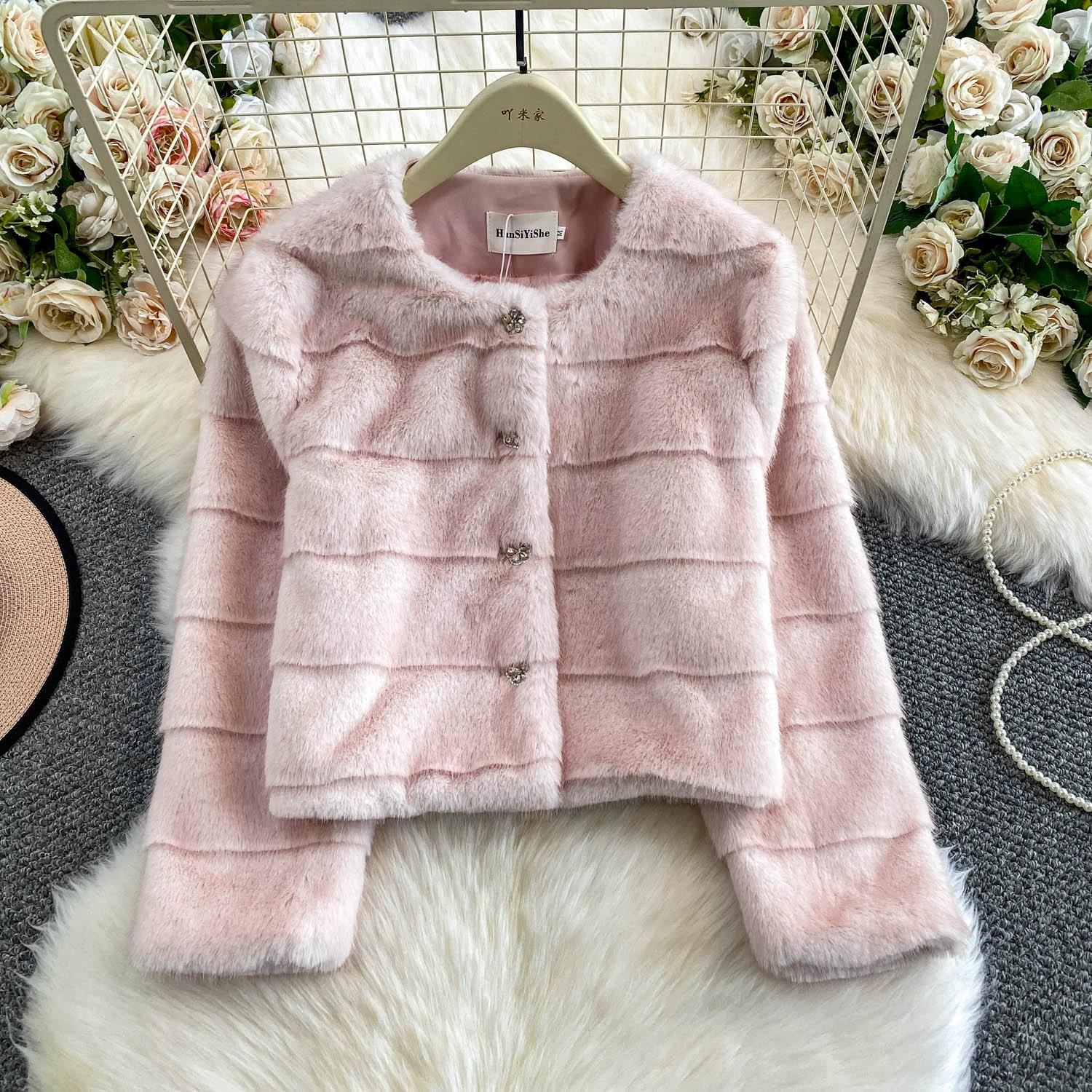 Осень Зима Женская Роскошная Мягкая Норка Искусственный Мех Теплая Короткая Куртка Алмазные Пуговицы Однобортная Рождественская Верхняя Одежда Пальто L розовый