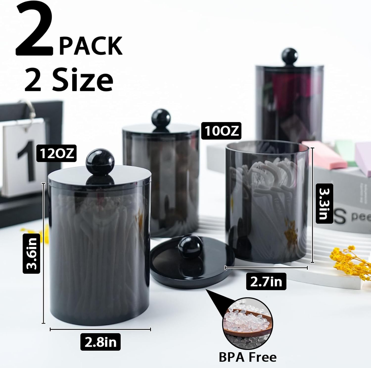 2-Pack Plastic Canister Set with Lids for Cotton Swabs, Balls, Pads - 10oz-12oz Bathroom Vanity Organizer in Black United States
2-Pack Plastic Canister Set with Lids for Cotton Swabs, Balls, Pads - 10oz-12oz Bathroom Vanity Organizer in Black United States