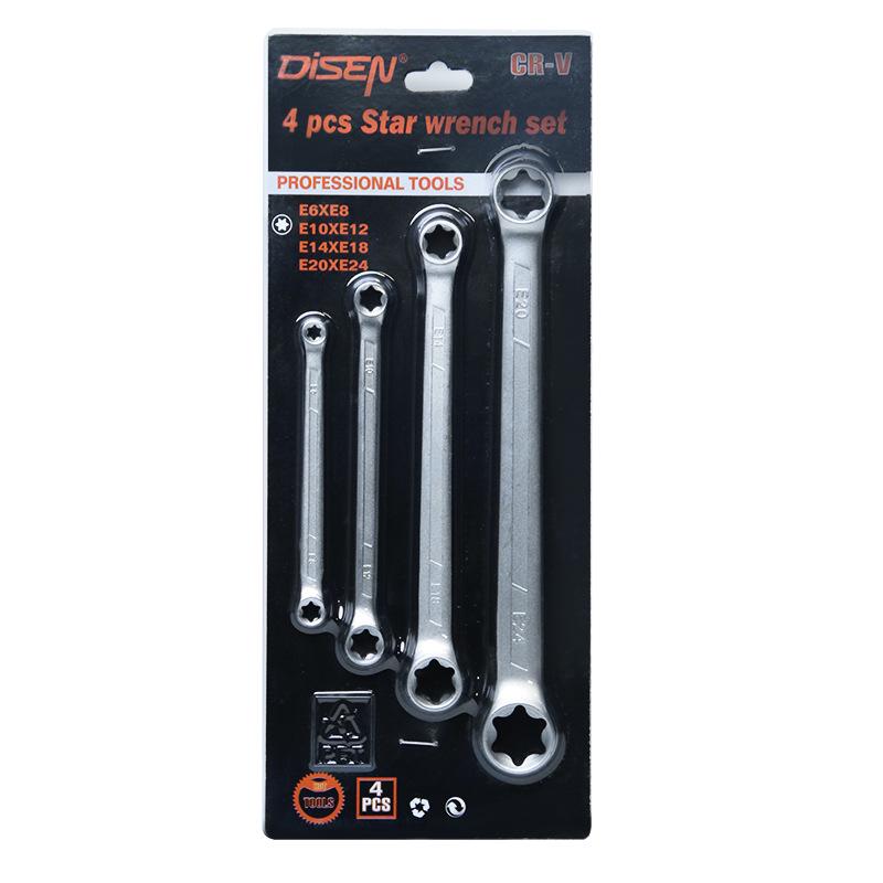 4-Piece E-Type Double-Head Torx Wrench Set, Chrome Vanadium Steel, E6-E24, High Hardness, Heat-Treated for Auto Repair.
4-Piece E-Type Double-Head Torx Wrench Set, Chrome Vanadium Steel, E6-E24, High Hardness, Heat-Treated for Auto Repair.