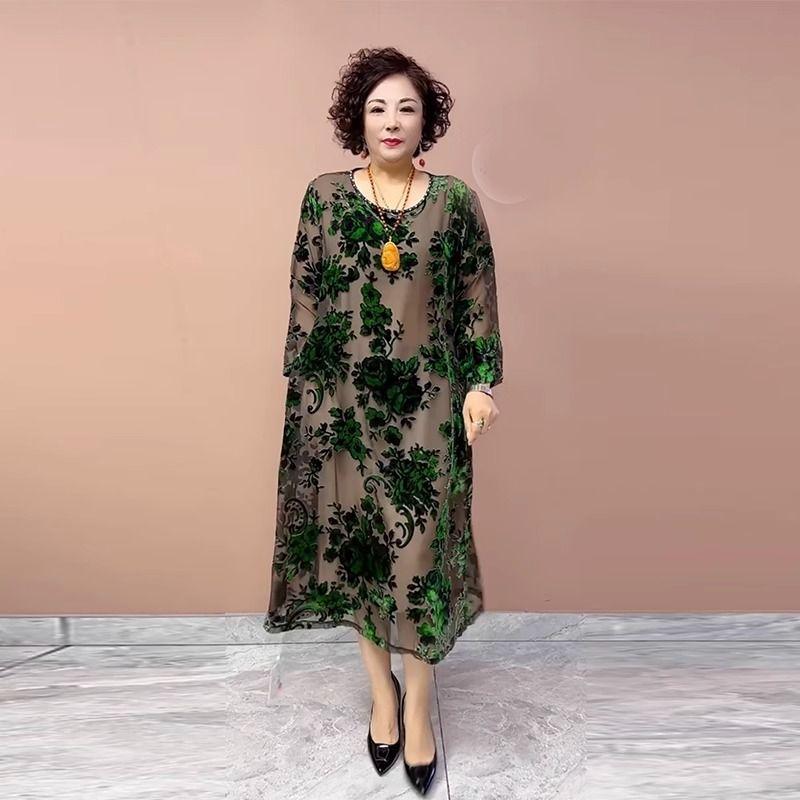Женское платье из золотого бархата Платье большого размера с круглым вырезом и принтом Длинные шелковые платья с цветочным узором Весна Осень 6XL