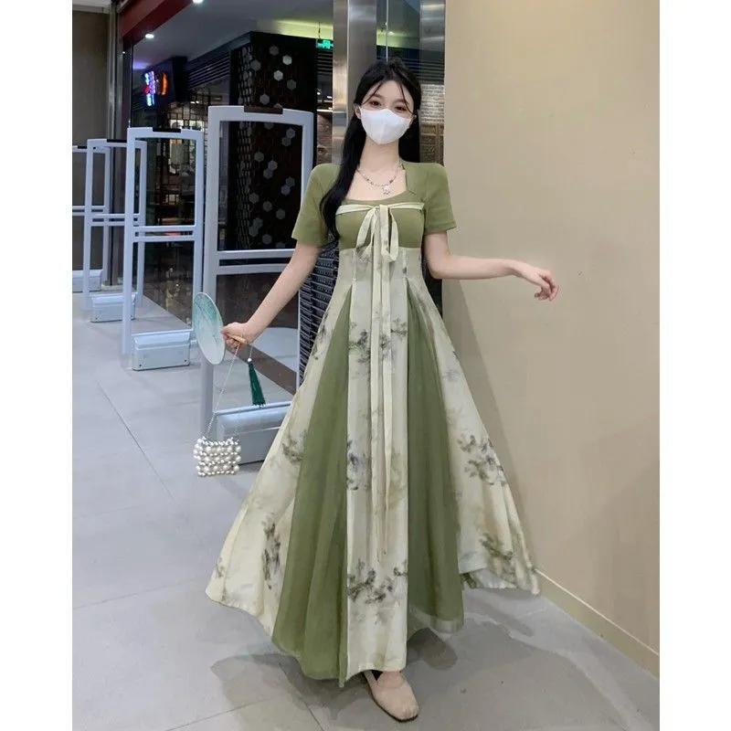 New Chinese Style Improved Splicing Printed Niche Slim Square Neck Strap Long Dress S зелений
New Chinese Style Improved Splicing Printed Niche Slim Square Neck Strap Long Dress S зелений