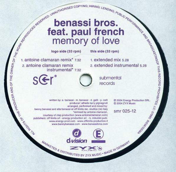 12inch Record BENASSI BROS., PAUL FRENCH - Memory Of Love SMR02512 Submental Recor 2004 Germany Dance & Electronica Used
12inch Record BENASSI BROS., PAUL FRENCH - Memory Of Love SMR02512 Submental Recor 2004 Germany Dance & Electronica Used