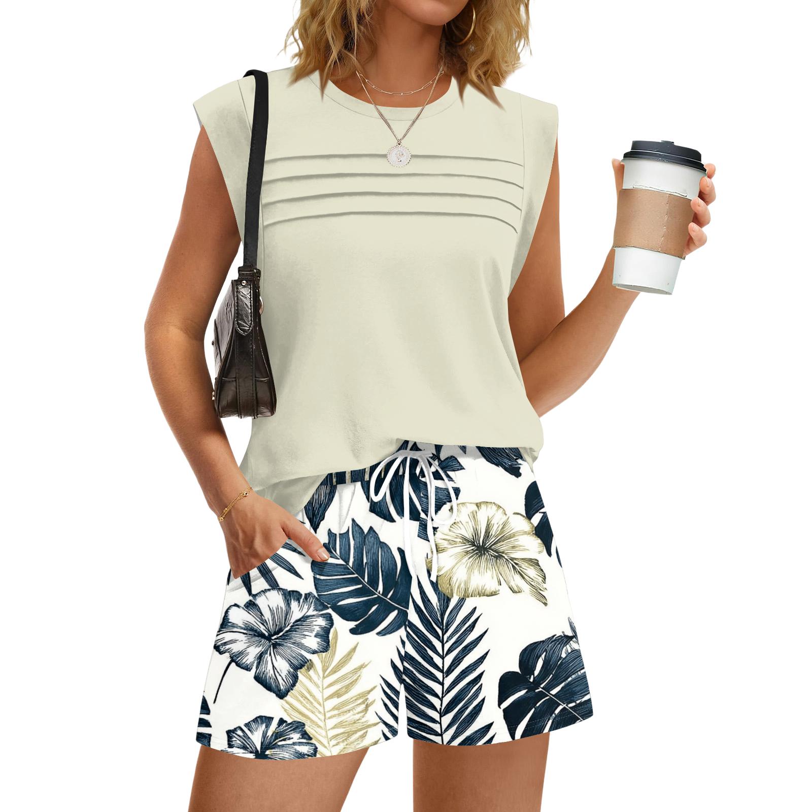 Women Casual Sleeveless Pleated Round Neck Top Hawaiian Floral Print Drawstring Waist Shorts Set Lightweight Summer Outfit S бежевый
Women Casual Sleeveless Pleated Round Neck Top Hawaiian Floral Print Drawstring Waist Shorts Set Lightweight Summer Outfit S бежевый