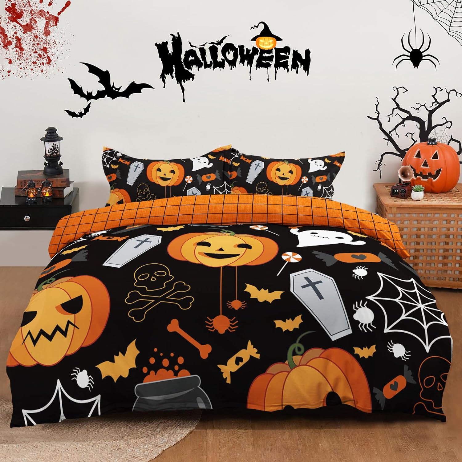 Halloween Duvet Cover Set King 3 Pieces Bedding Set with 2 Pillowcases Skull Pumpkin Black Bedding Set Holiday Decor US Twin(172x218cm)
Halloween Duvet Cover Set King 3 Pieces Bedding Set with 2 Pillowcases Skull Pumpkin Black Bedding Set Holiday Decor US Twin(172x218cm)