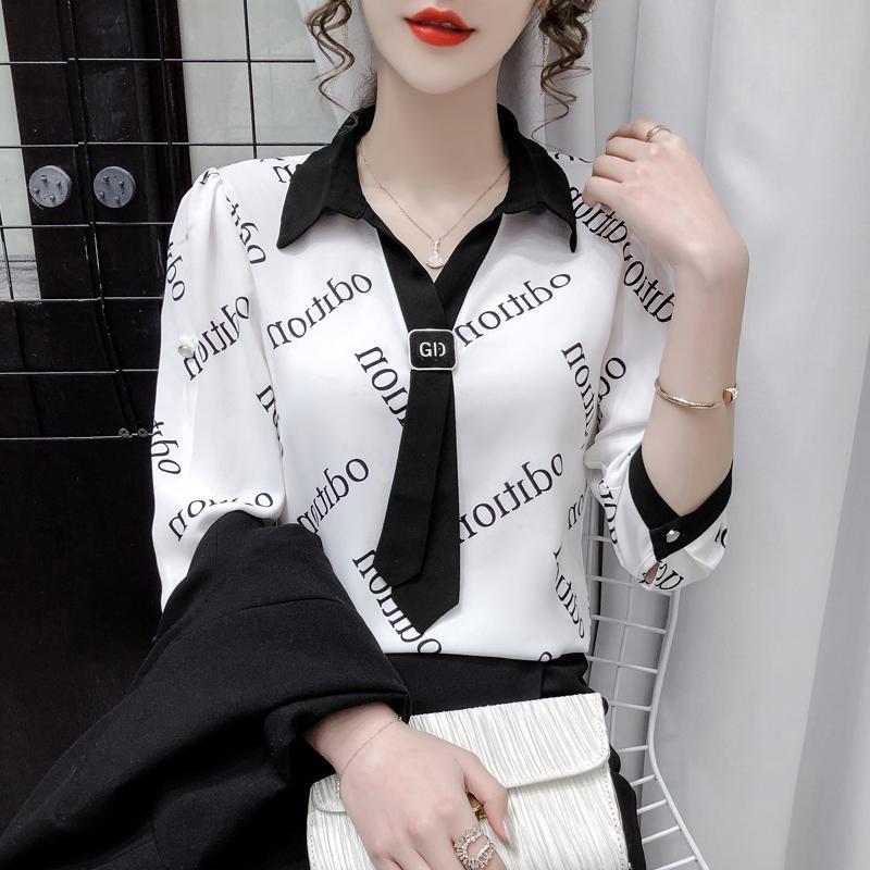 Шифоновая рубашка с рукавом 3/4 и принтом, женская дизайнерская ниша, летняя темпераментная маленькая рубашка в иностранном стиле, топ с семиточечным рукавом 2XL чёрный/белый