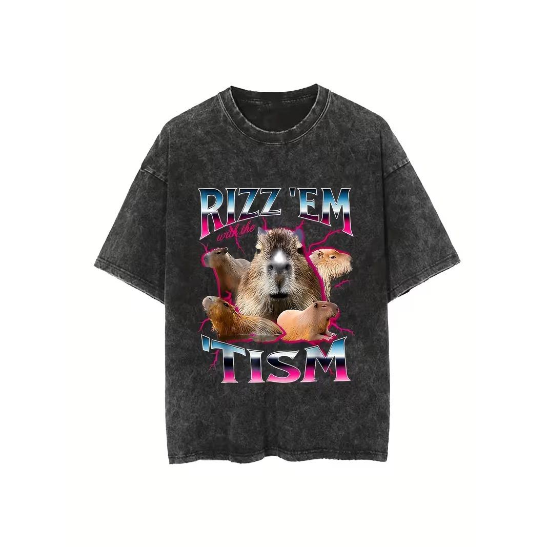 Vintage Washed Black TShirt RIZZ EM WITH THE TISM Capybara Graphic Tee Casual Loose Fit Short Sleeve Streetwear Tops S
Vintage Washed Black TShirt RIZZ EM WITH THE TISM Capybara Graphic Tee Casual Loose Fit Short Sleeve Streetwear Tops S