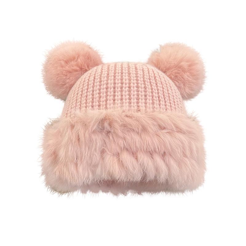 Осенне-зимняя милая шапка из шерсти с медвежьими ушками, женская плюшевая теплая пушистая осенне-зимняя вязаная шапка большого размера one size fits all розовый