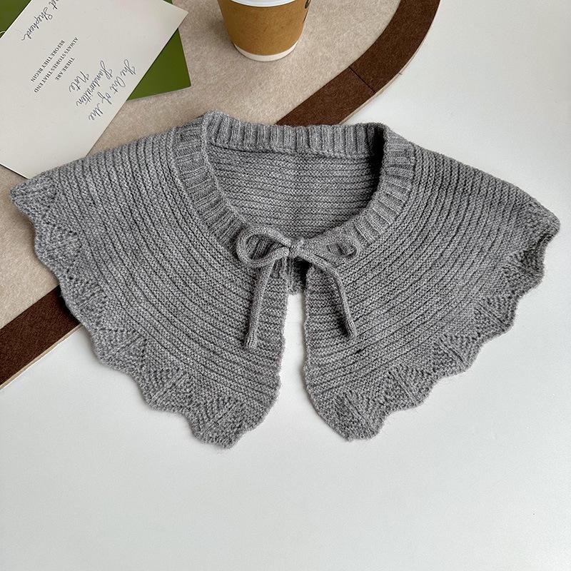 Вязаная шаль с кружевами в виде листьев лотоса, женская, однотонная, с защитой шеи, уменьшающей возраст, декоративный накладной воротник серый