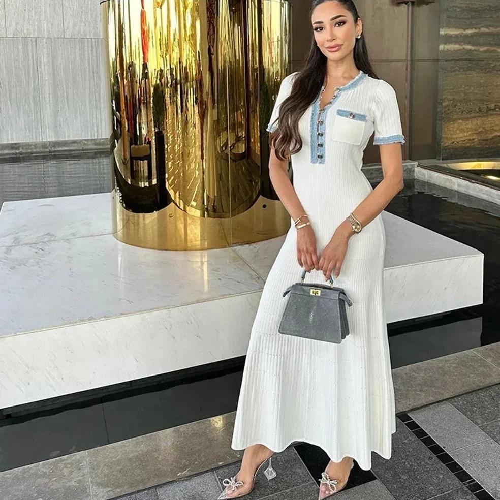 Elegant Contrasting Women Knit Maxi Dress Chic O-neck Short Sleeve Metal Buttons Bodycon Dresses Office Lady Commuting Robe XL чорний
Elegant Contrasting Women Knit Maxi Dress Chic O-neck Short Sleeve Metal Buttons Bodycon Dresses Office Lady Commuting Robe XL чорний