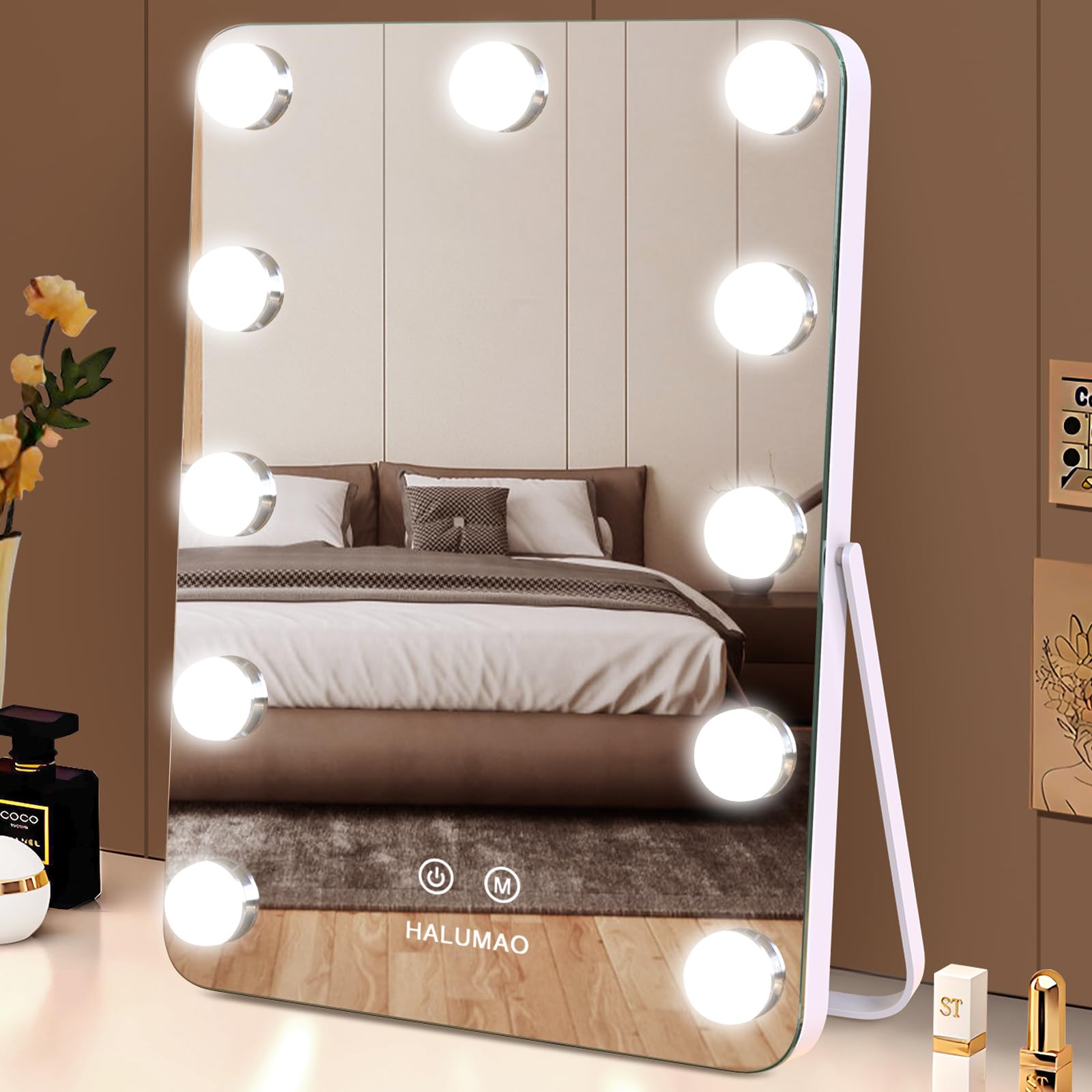 Actress Mirror, Tabletop Mirror, Hollywood Mirror, with 11 LED Bulbs, Three Color Lighting Modes, and Brightness Adjustment
Actress Mirror, Tabletop Mirror, Hollywood Mirror, with 11 LED Bulbs, Three Color Lighting Modes, and Brightness Adjustment