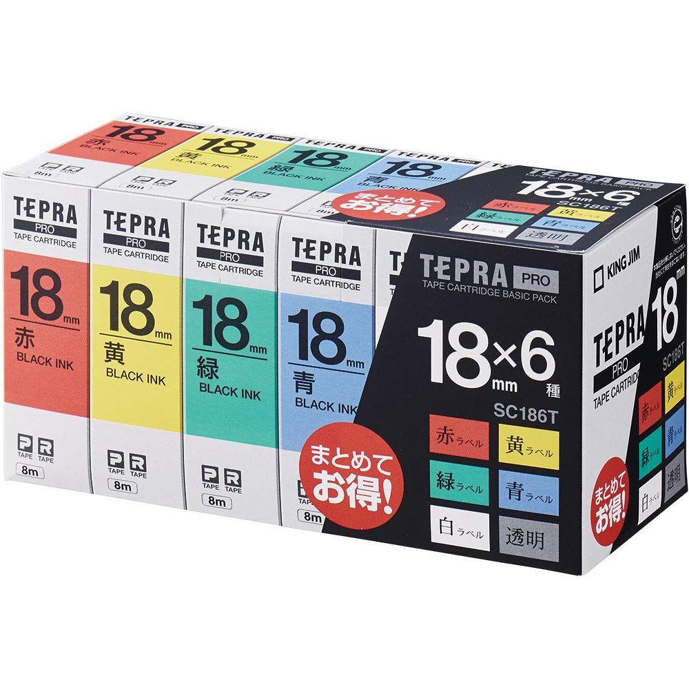 Genuine King Jim Tepra PRO Tape Cartridge Basic Pack, 18mm, 6-Pack (Red, Yellow, Green, Blue, White, Clear with Black Text), 8m Long, SC186T
Genuine King Jim Tepra PRO Tape Cartridge Basic Pack, 18mm, 6-Pack (Red, Yellow, Green, Blue, White, Clear with Black Text), 8m Long, SC186T