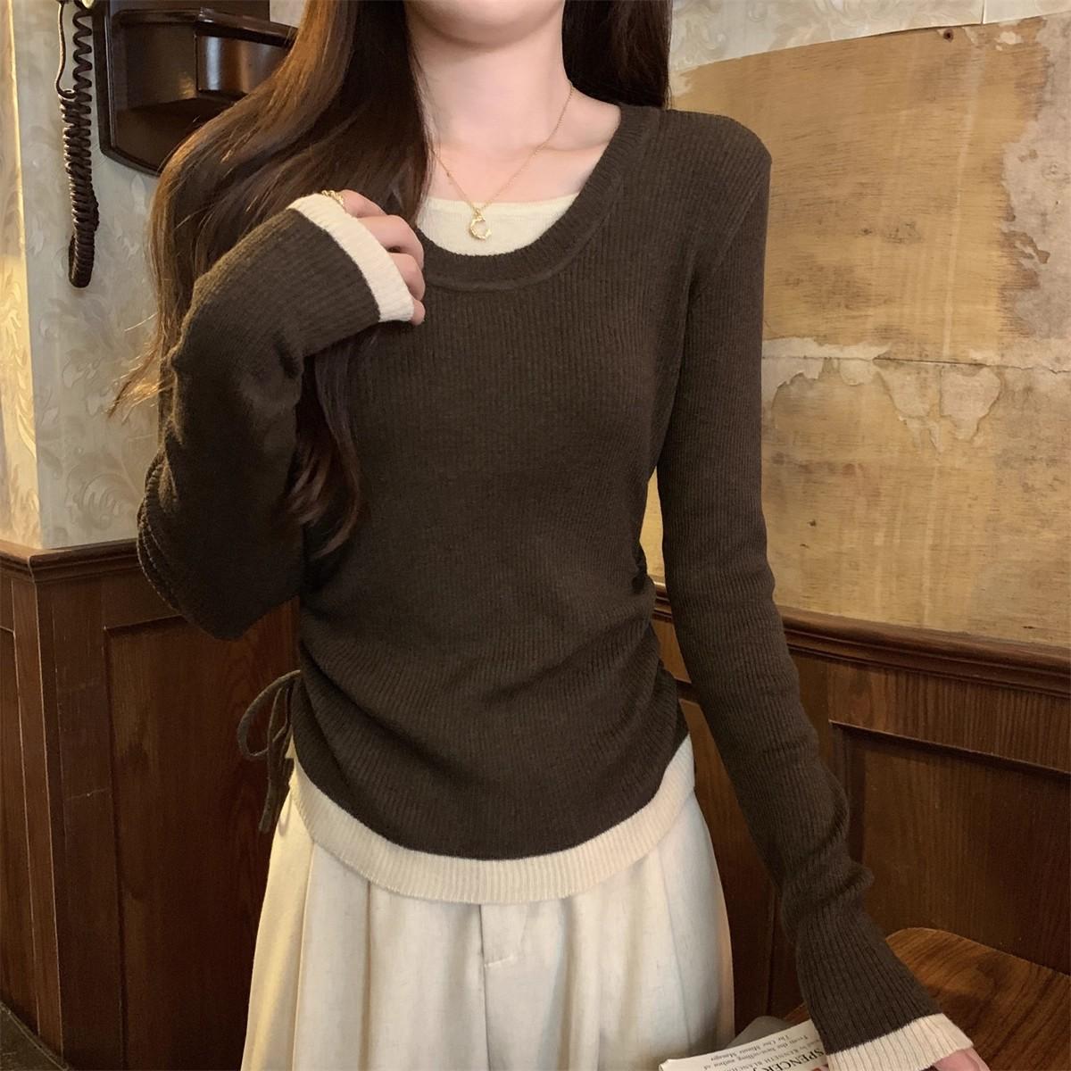 Lazy wind contrasting color U-neck drawstring fake two-piece knitted sweater autumn and winter long-sleeved casual versatile One size fits all
Lazy wind contrasting color U-neck drawstring fake two-piece knitted sweater autumn and winter long-sleeved casual versatile One size fits all