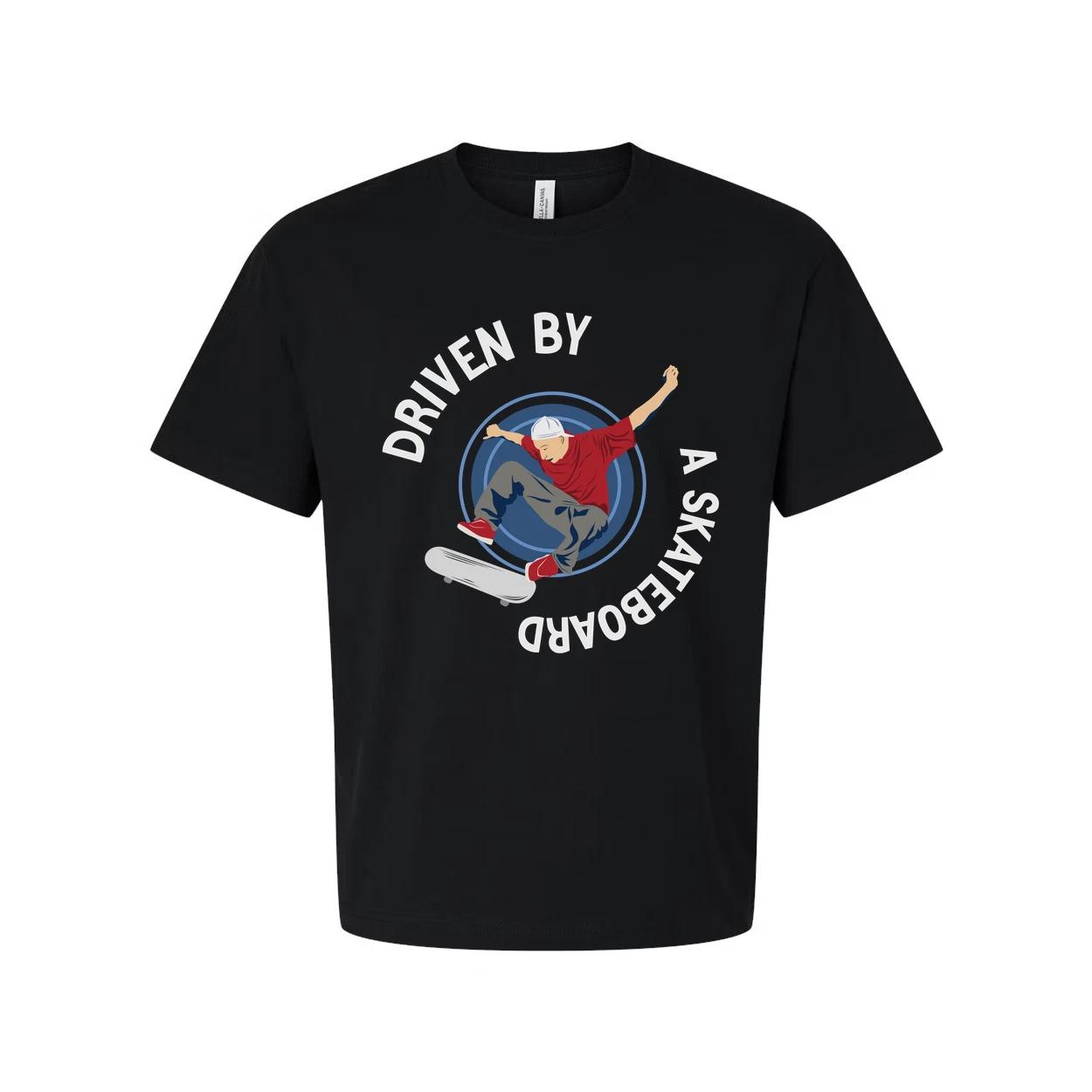 Skateboarder Graphic Tee With Circular Emblem Reading Driven By A Skateboard For 4XL
Skateboarder Graphic Tee With Circular Emblem Reading Driven By A Skateboard For 4XL