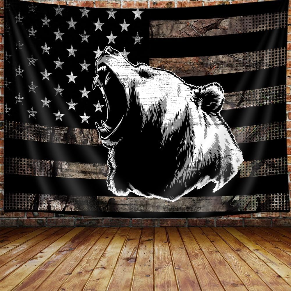 Country American Flag Bear Tapestry Rustic Hunting Camo Bass Bear Black and White Tapestry Wall Hanging for Men Bedroom Cabin 74x94cm(29x37in)
Country American Flag Bear Tapestry Rustic Hunting Camo Bass Bear Black and White Tapestry Wall Hanging for Men Bedroom Cabin 74x94cm(29x37in)