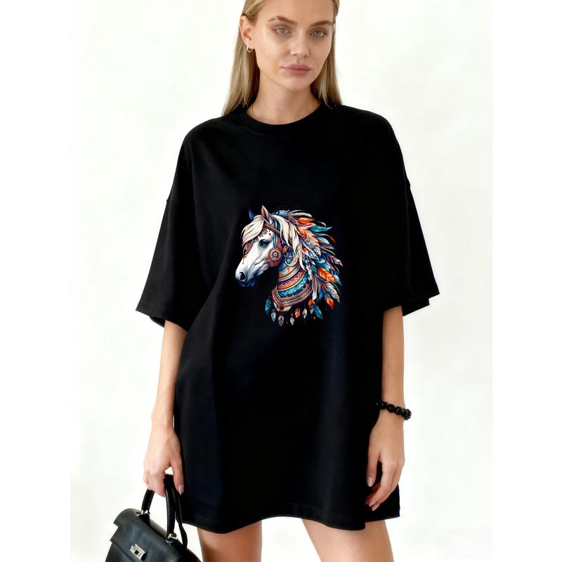 Oversized T Shirt Dress Black Horse Head With Colorful Tribal Pattern And Feathers Casual Streetwear For Women S
Oversized T Shirt Dress Black Horse Head With Colorful Tribal Pattern And Feathers Casual Streetwear For Women S
