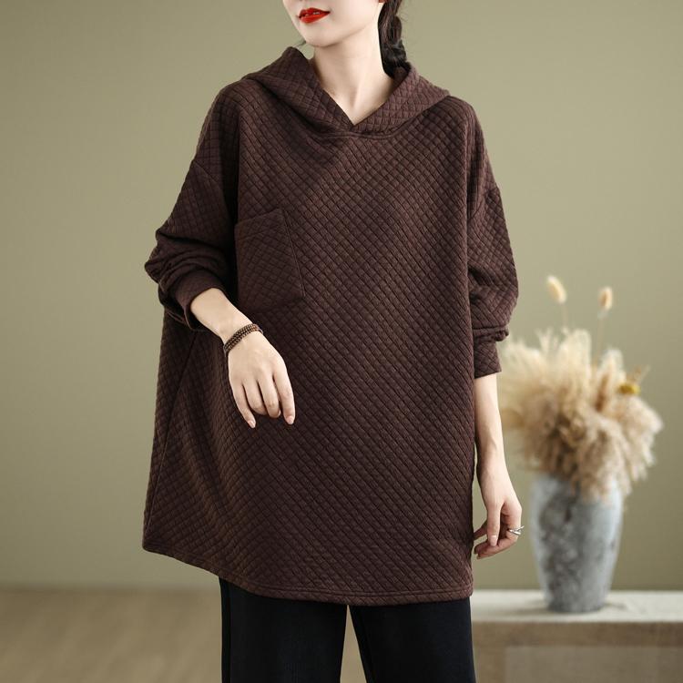 Dimanaf 2024 Осень Винтаж Пуловеры Топы Женская Клетчатая Одежда Толстовки Свитшоты Оверсайз Свободные Повседневные One Size коричневый