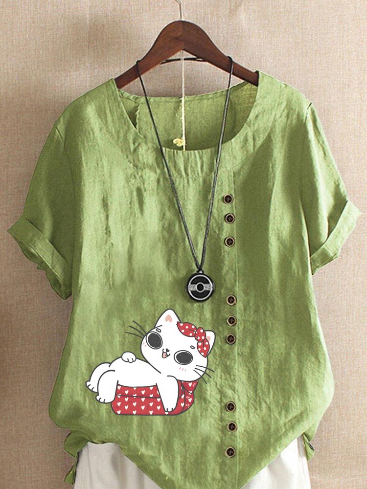 Women s Fashion White Cat Print Casual Cotton Linen Short Sleeve Round Neck T-shirt Shirt Leisure Loose Summer Blouse Tops 5XL зелений
Women s Fashion White Cat Print Casual Cotton Linen Short Sleeve Round Neck T-shirt Shirt Leisure Loose Summer Blouse Tops 5XL зелений