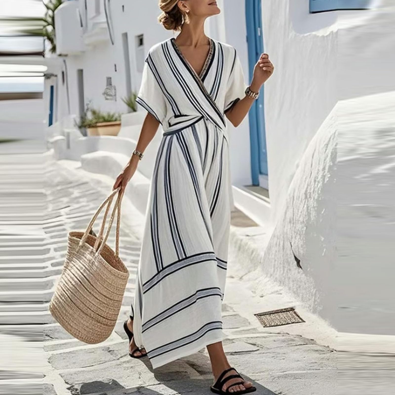 Women Casual V Neck Short Sleeve Dress Pleated Waistband Flared Hem Maxi Dress Comfortable Loose Fit Summer Vacation Dress XL синій
Women Casual V Neck Short Sleeve Dress Pleated Waistband Flared Hem Maxi Dress Comfortable Loose Fit Summer Vacation Dress XL синій