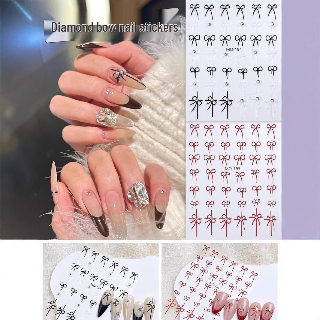 Crystal Bow Nail Stickers: Minimalist Diamond Line Decals in Black, White, and Red.
Crystal Bow Nail Stickers: Minimalist Diamond Line Decals in Black, White, and Red.