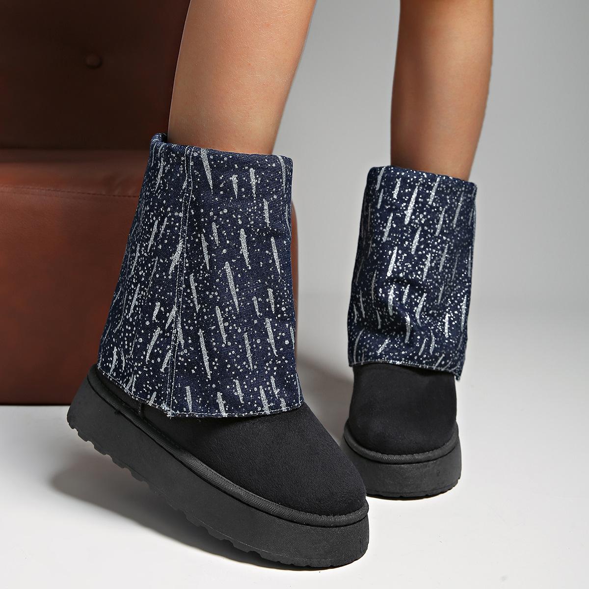 Теплые зимние сапоги до середины икры на флисовой подкладке большого размера Новые осенне-зимние джинсовые сапоги на толстой подошве с отворотом из хлопка 42 чёрный