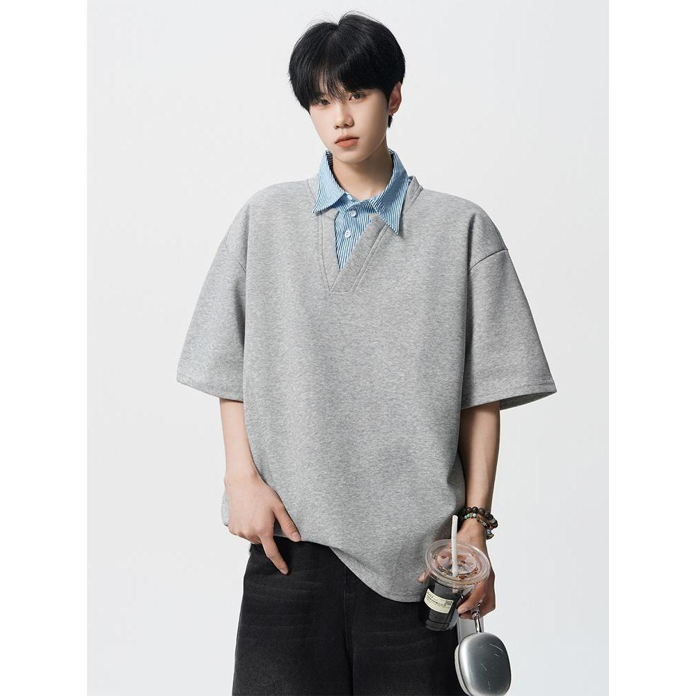Корейская футболка с коротким рукавом из двух частей для мужчин, летняя, модная брендовая, с воротником, свободный топ M серый
Корейская футболка с коротким рукавом из двух частей для мужчин, летняя, модная брендовая, с воротником, свободный топ M серый