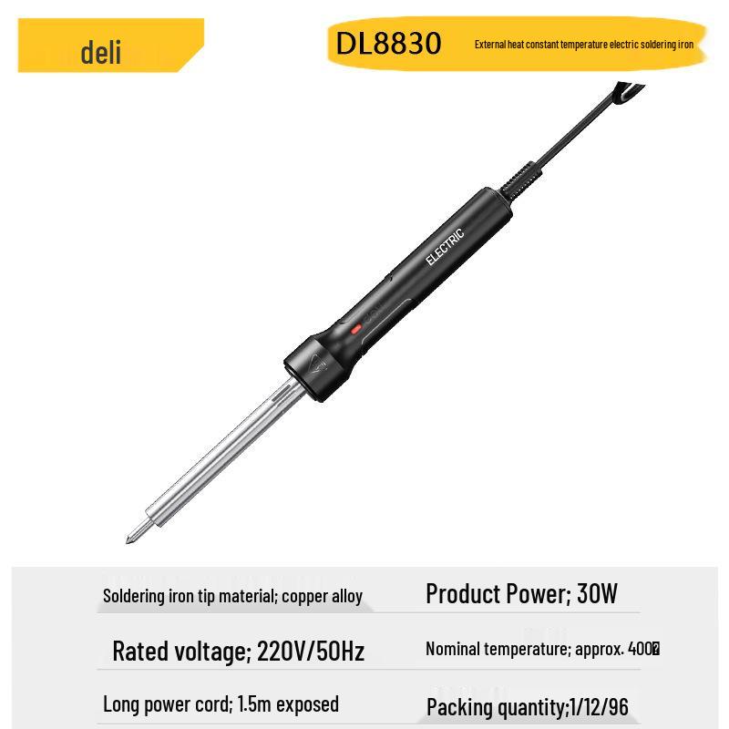 Deli Tools DL8830 Electric Soldering Iron, External Heating, 30W/40W/60W, Pointed Tip Solder Tool.
Deli Tools DL8830 Electric Soldering Iron, External Heating, 30W/40W/60W, Pointed Tip Solder Tool.