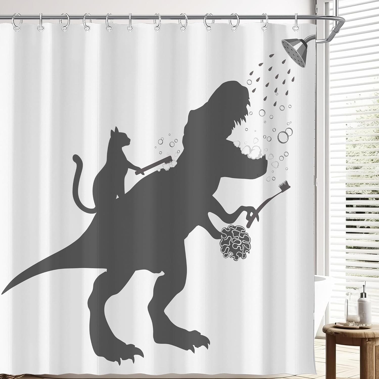 Humorous Shower Curtain Cat Riding Dinosaur T Rex Silhouette Bathroom Decoration Funny Animal Print Waterproof Fabric Novelty W60H190(CM)-1 Pcs
Humorous Shower Curtain Cat Riding Dinosaur T Rex Silhouette Bathroom Decoration Funny Animal Print Waterproof Fabric Novelty W60H190(CM)-1 Pcs