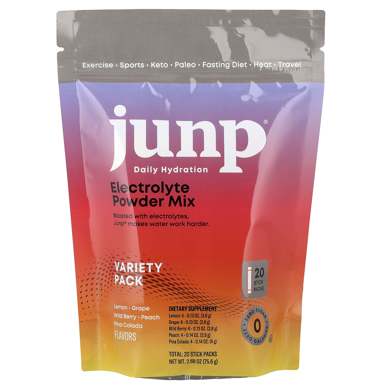 JUNP Hydration, Electrolyte Powder Mix, Variety Pack, 20 Stick Packs, 75.6g (2.68oz)
JUNP Hydration, Electrolyte Powder Mix, Variety Pack, 20 Stick Packs, 75.6g (2.68oz)