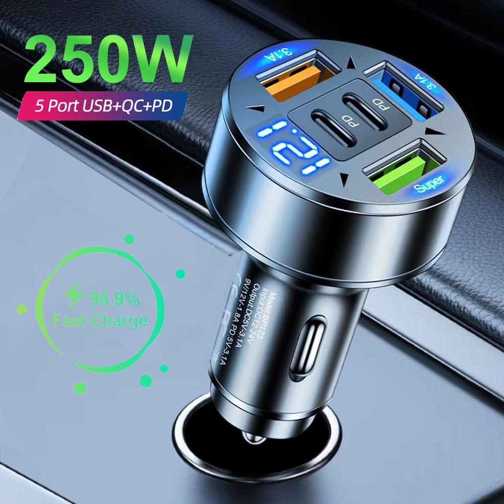 250W Car Charger Fast Charging 5 Ports PD QC3.0 USB C Car Phone Charger Adapter With Voltage For iPhone Samsung Huawei Xiaomi
250W Car Charger Fast Charging 5 Ports PD QC3.0 USB C Car Phone Charger Adapter With Voltage For iPhone Samsung Huawei Xiaomi