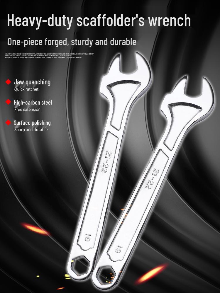 Multi-Purpose Rigger Scaffolding Wrench: 22-21-19 Triple-Use Open-End/Box Wrench.
Multi-Purpose Rigger Scaffolding Wrench: 22-21-19 Triple-Use Open-End/Box Wrench.