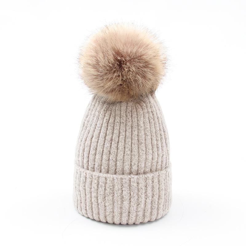 Зимняя взрослая мохеровая вязаная шапка с потайной пуговицей и меховым помпоном, корейский стиль, однотонная, женская теплая шерстяная шапка One Size